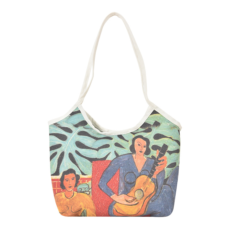 Spring oil painting handbag for women, 2020 autumn and winter new trendy single-shoulder large-capacity backpack for women, hand-held canvas Item Picture