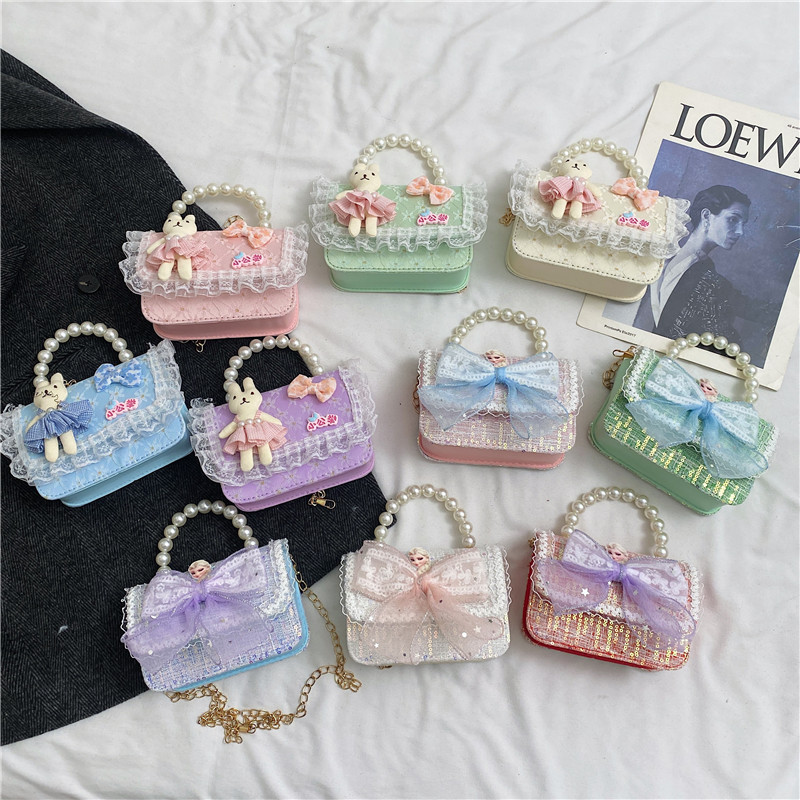 2025 New Chanel-style children's bag, thousand bird pattern Little Flower Rabbit Princess crossbody bag, pearl Fashion handbag Specification drawing