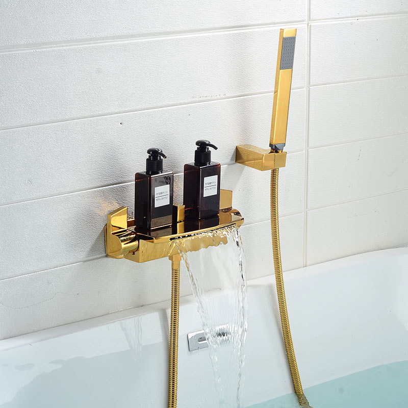 Wholesale brass waterfall bathtub faucet, hotel exposed black bathtub side cold and hot shower head set full figure