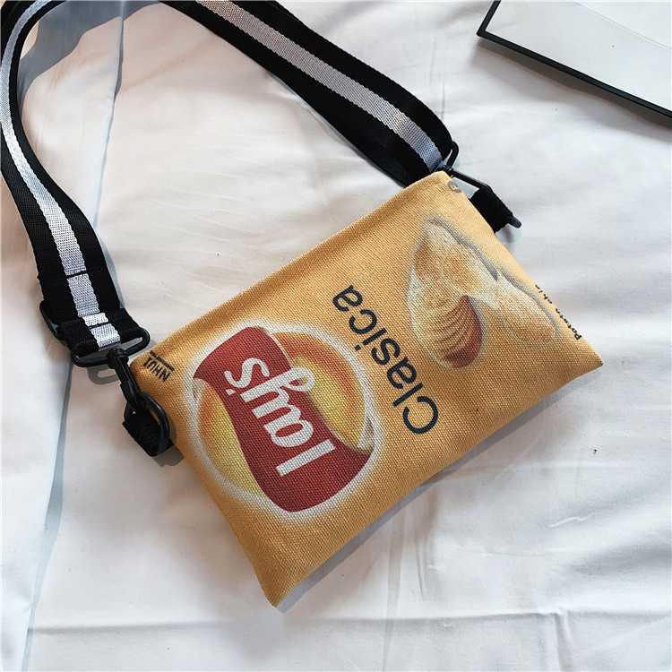 2020 New style funny small bag for women, versatile potato chips, personalized, trendy and creative, laid-back style, cute canvas crossbody bag full figure