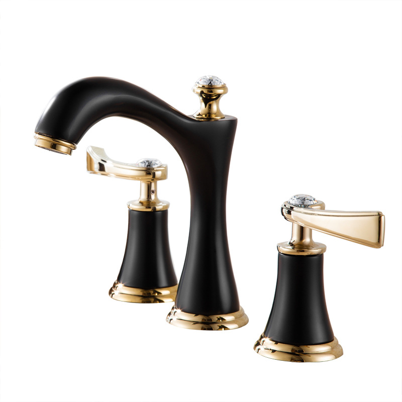 European-style three-hole 8-inch washbasin faucet, all-copper bathroom cabinet, three-piece set of split faucet, titanium gold cold and hot water faucet Item Picture