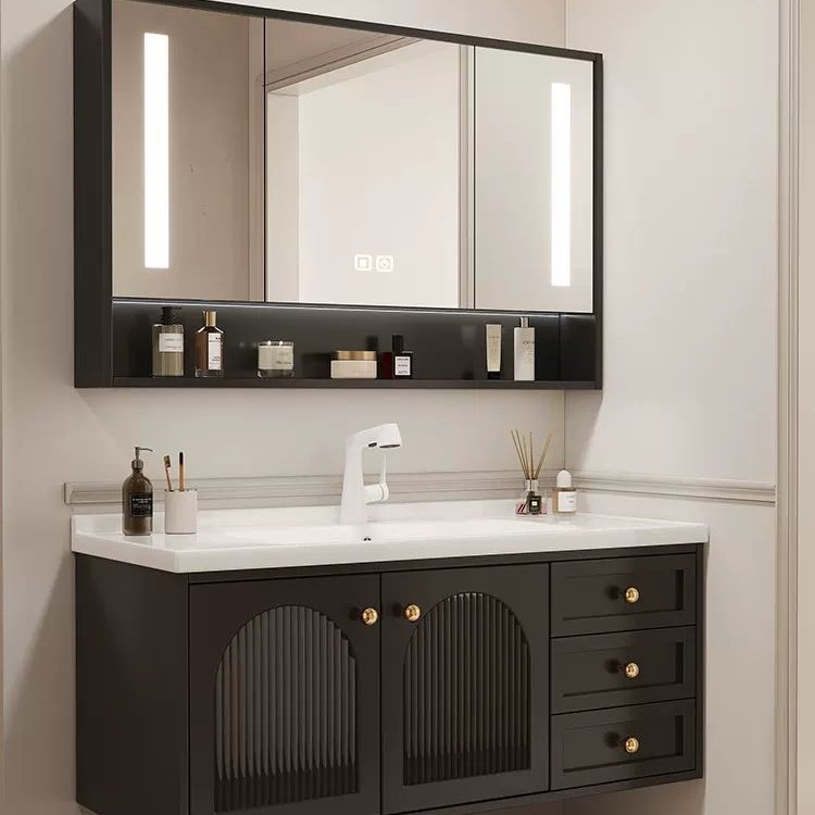 French vintage bathroom cabinet set, hand-washing intelligent washbasin, ceramic integrated washbasin, solid wood bathroom set details Picture