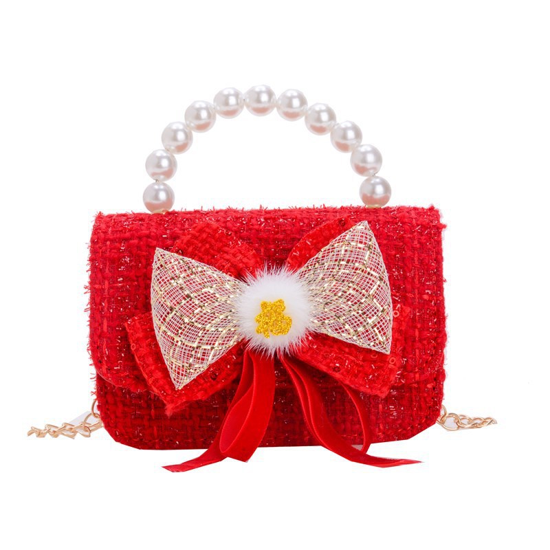 New ribbon bow children's bag, popular princess crossbody handbag, Chanel style fashionable pearl coin purse Item Picture