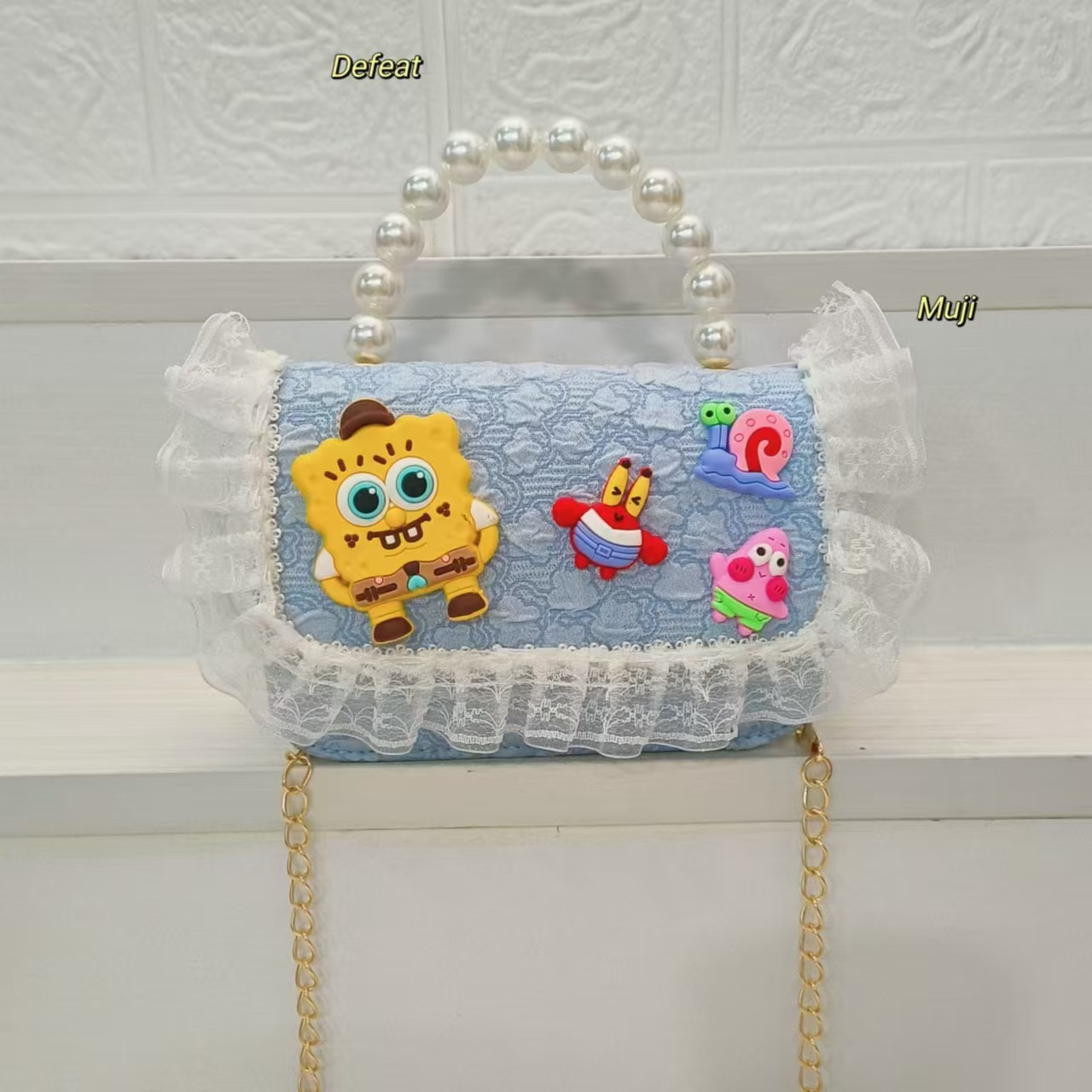 Pai Daxing pearl handbag, crossbody coin accessory bag, children's SpongeBob Princess bag, women's chain small square bag Specification drawing