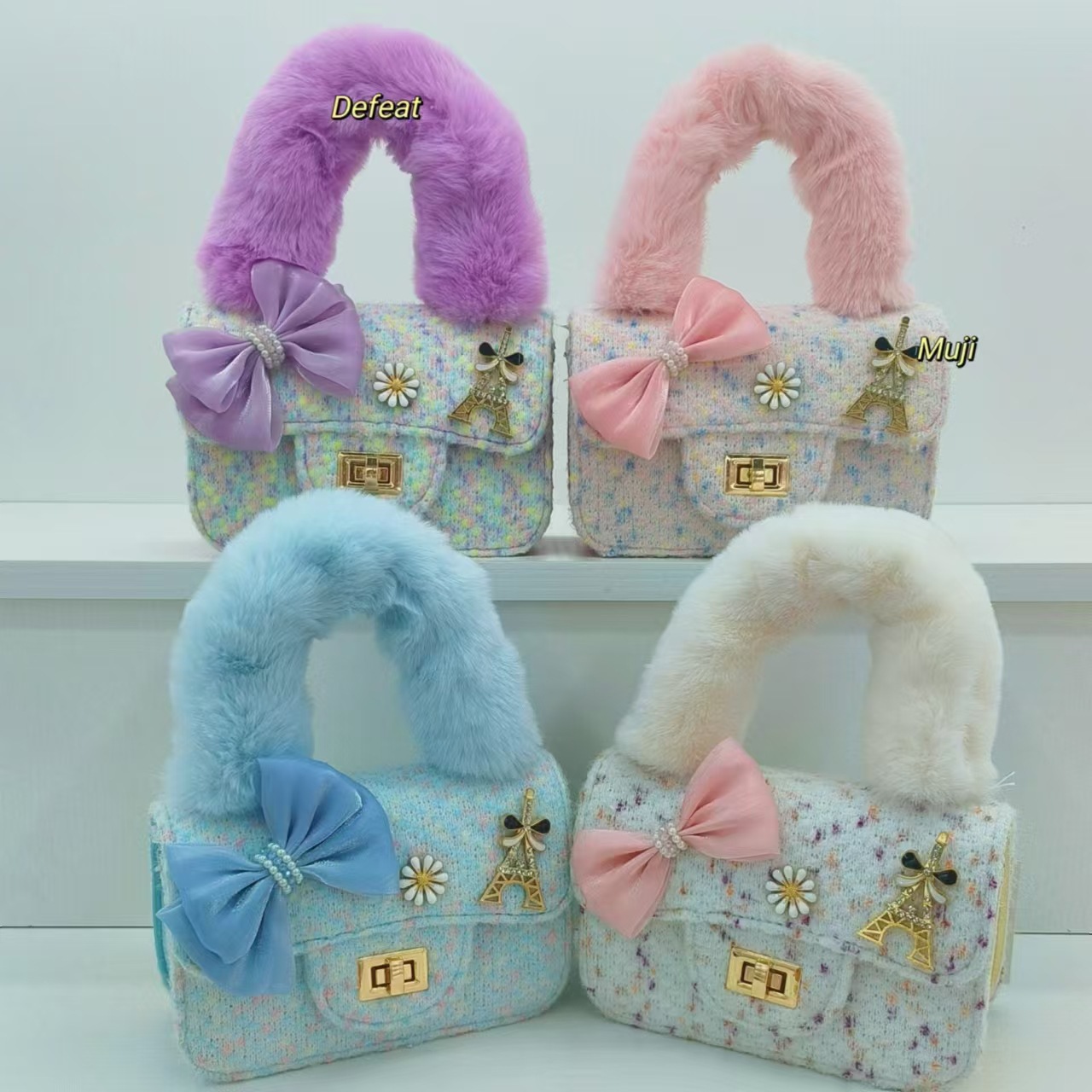 Bow plush handbag, fashionable shoulder bag, little girl's stylish crossbody bag, small square bag, coin purse, accessory bag full figure