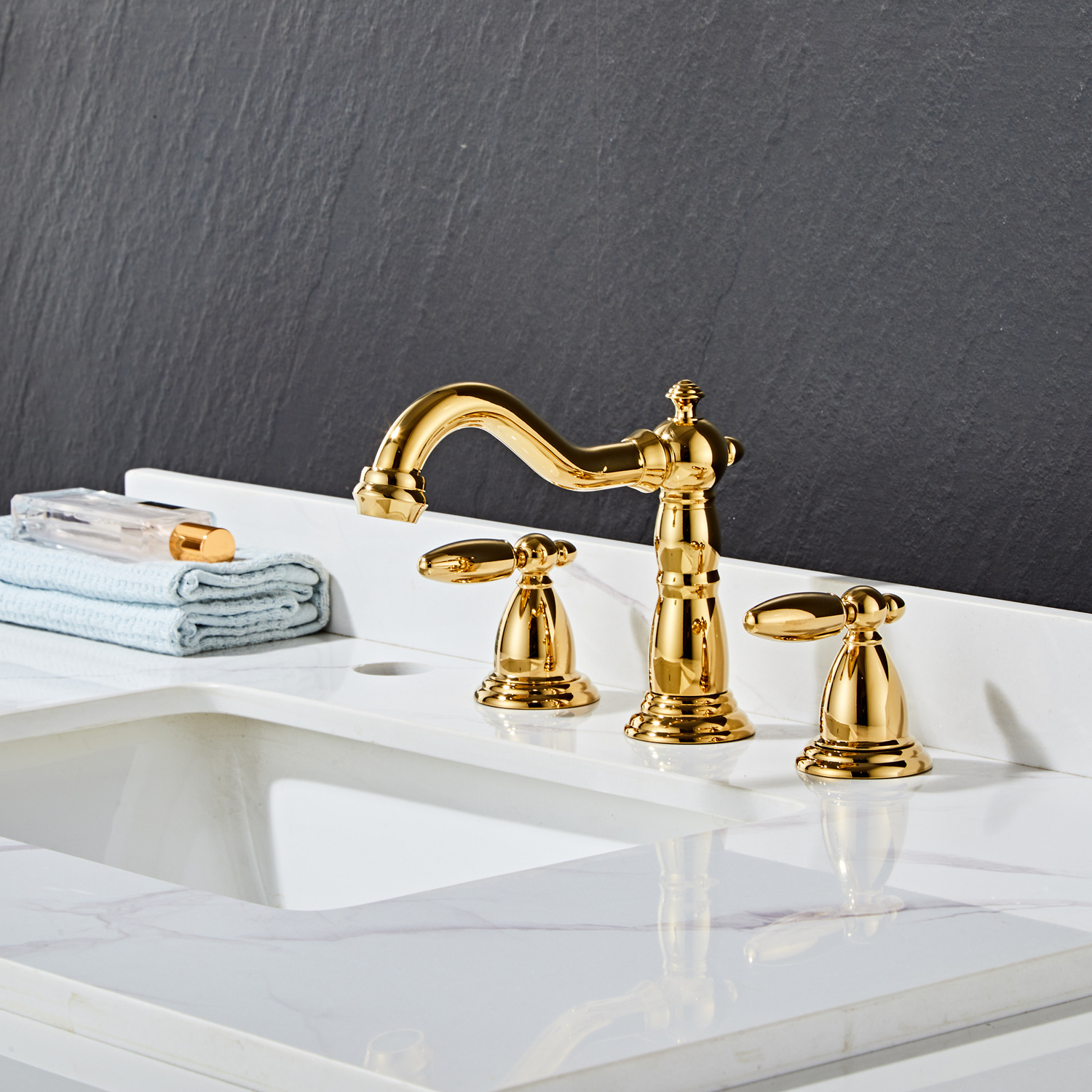 European-style brushed golden copper antique bathroom basin, hot and cold water faucet, double handle, retro faucet three-piece set Specification drawing
