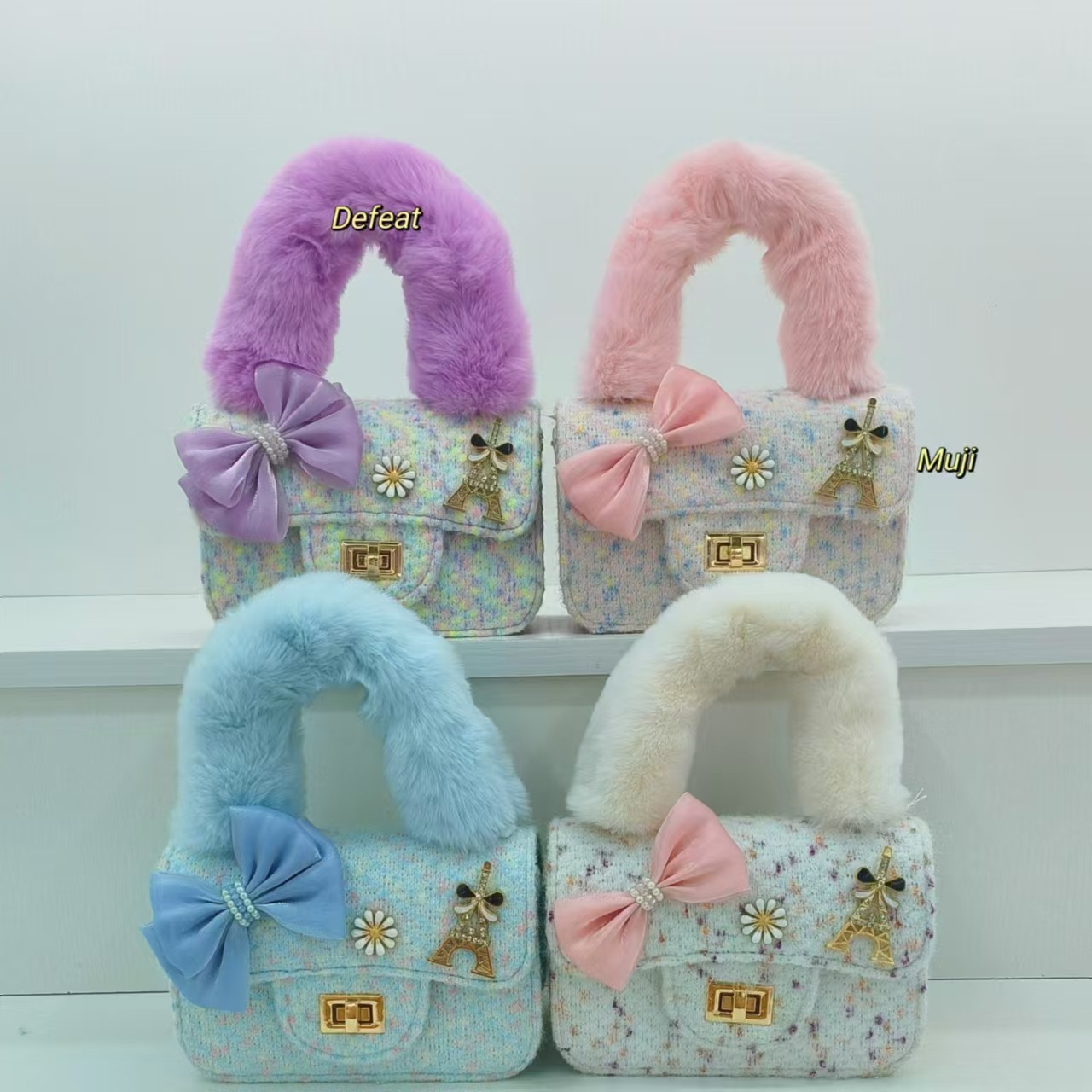 Bow plush handbag, fashionable shoulder bag, little girl's stylish crossbody bag, small square bag, coin purse, accessory bag details Picture