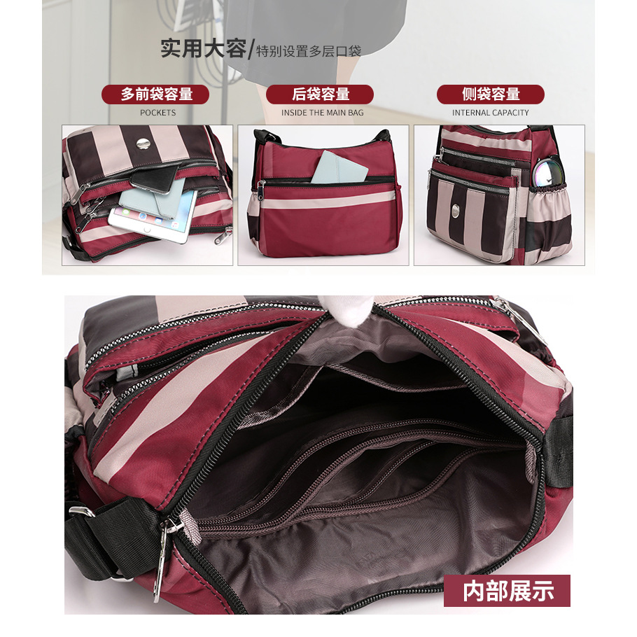 New women's crossbody bag, nylon fashionable striped single-shoulder bag, large-capacity multi-layer simple middle-aged mom bag Specification drawing
