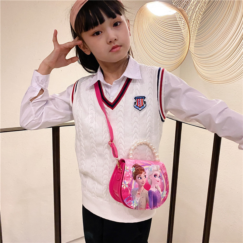 Cross-border children's single-shoulder bag, fashionable cartoon little girl Aisha, versatile ice princess pearl hand-held crossbody small bag details Picture