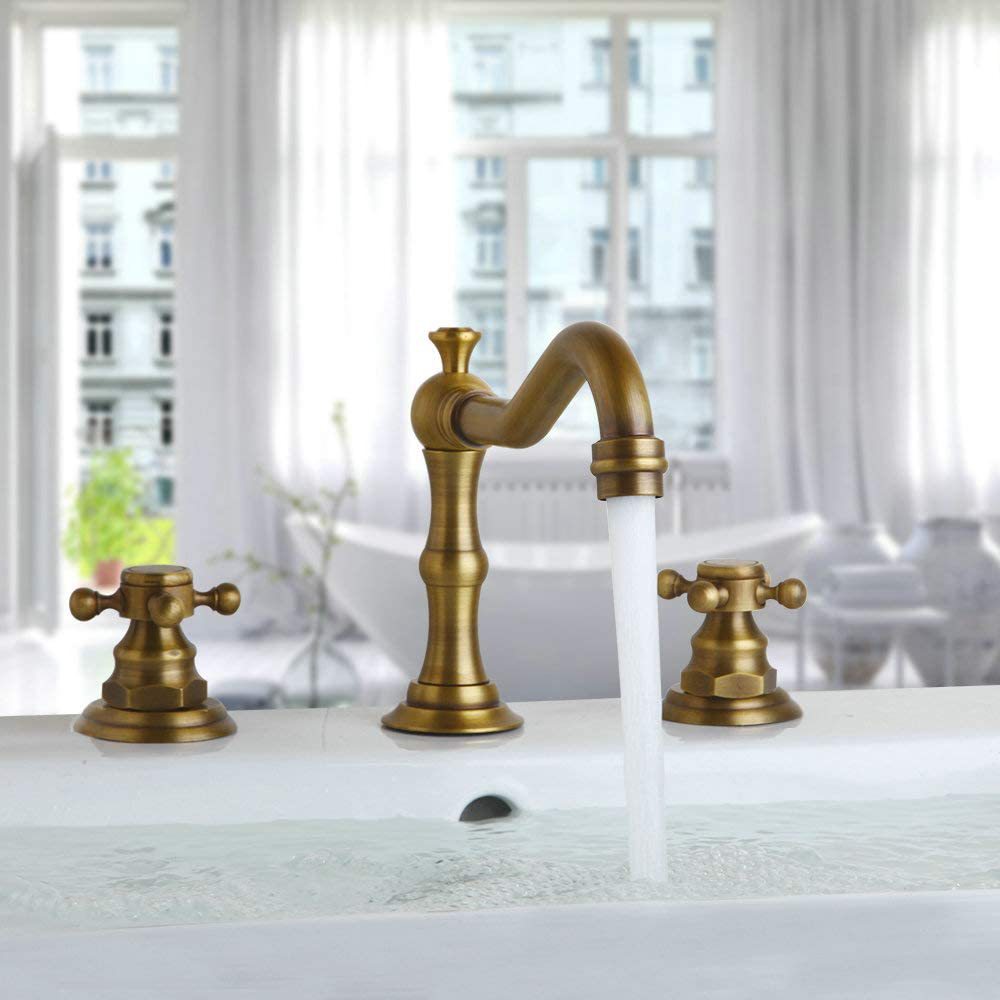 Copper antique bathroom sink bathtub three-piece set, faucet, plum blossom handwheel, three-hole washbasin, ceramic basin, black faucet full figure