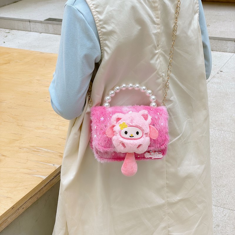 New autumn and winter children's small bags, girls, children, princesses, fashionable and stylish plush handbags, single-shoulder crossbody bags Specification drawing