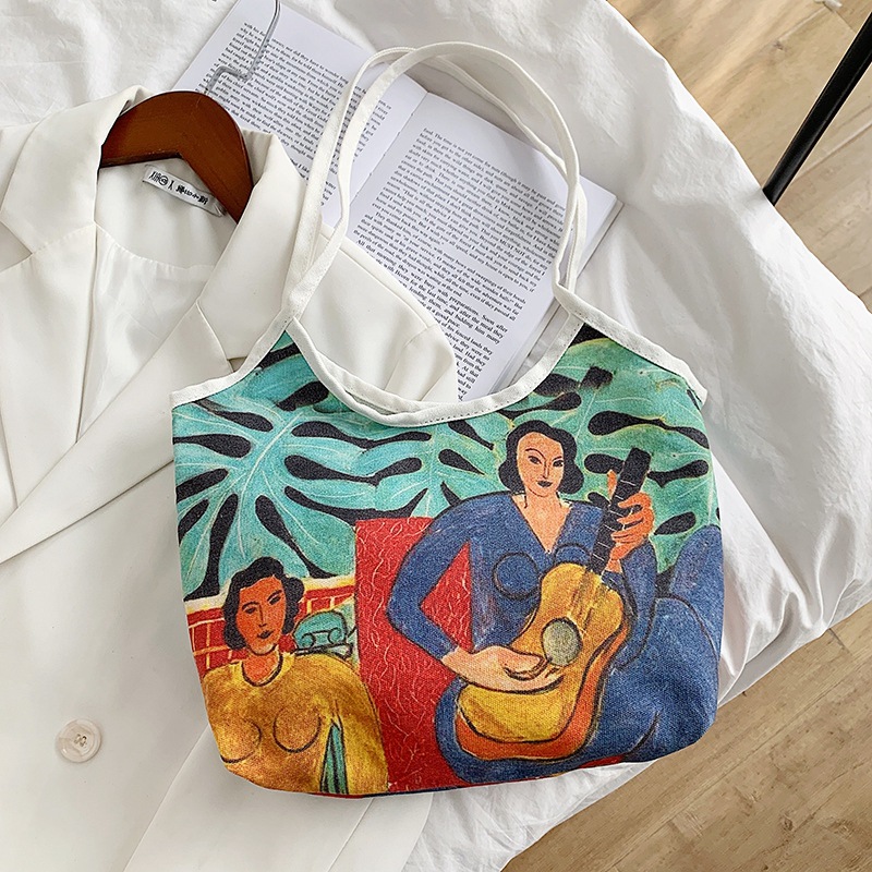 Spring oil painting handbag for women, 2020 autumn and winter new trendy single-shoulder large-capacity backpack for women, hand-held canvas Application Scenario