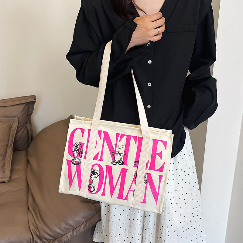 Fashionable painted and printed canvas bag, versatile handbag, new lettered student tote bag, mommy single-shoulder bag full figure