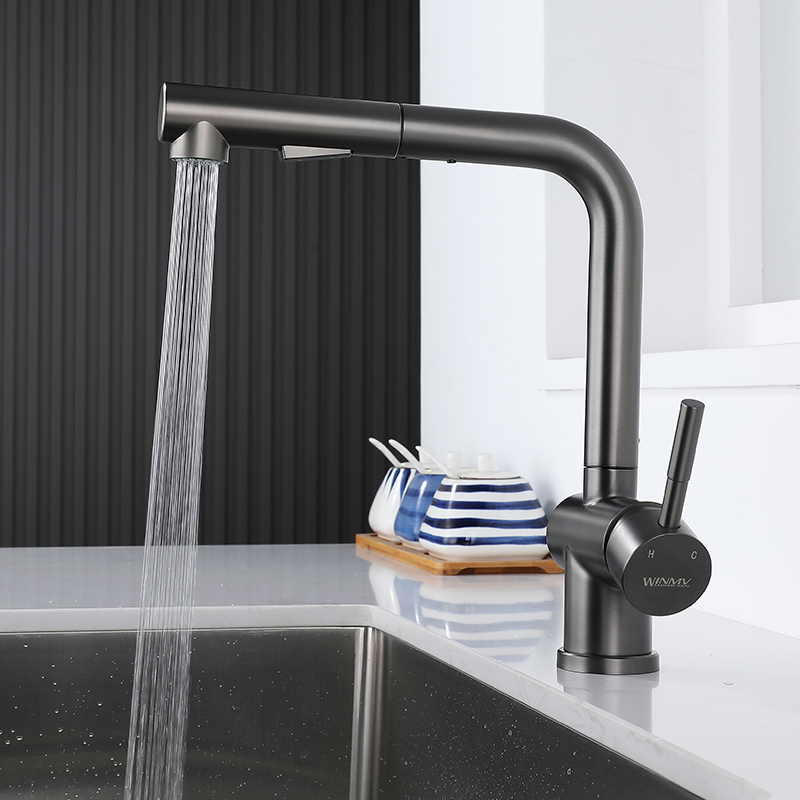 Gun grey pressure-increasing splash-proof stainless steel sink, sink, kitchen hot and cold water faucet, household pull-out type details Picture
