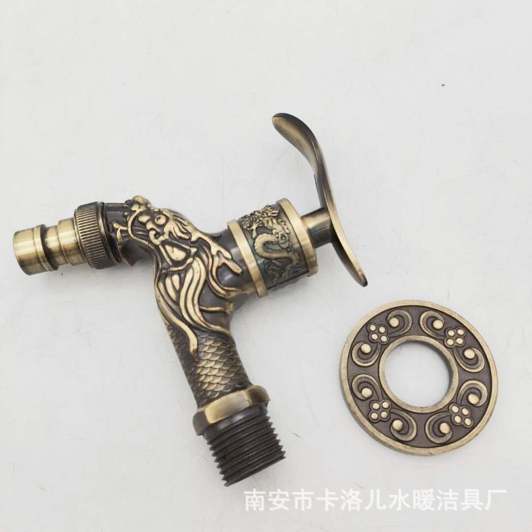 The overseas model features an antique bronze-patterned dragon spout, an alloy copper core, and a bronze-colored European-style faucet with a single cooling nozzle full figure