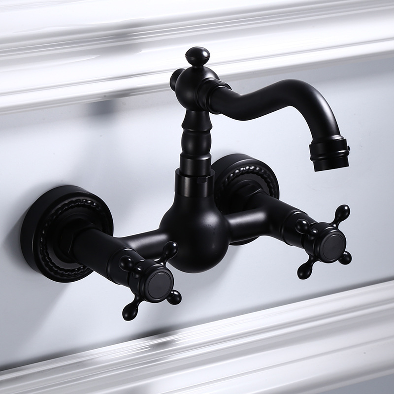 All-copper black European-style bathtub, hot and cold water faucets, bathroom hardware, built-in wall, balcony, 360-degree rotating faucet details Picture