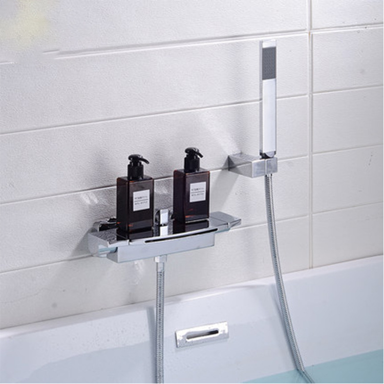 Waterfall-style bathtub faucet wall-mounted, hot and cold shower head set into wall-mounted bathtub faucet details Picture