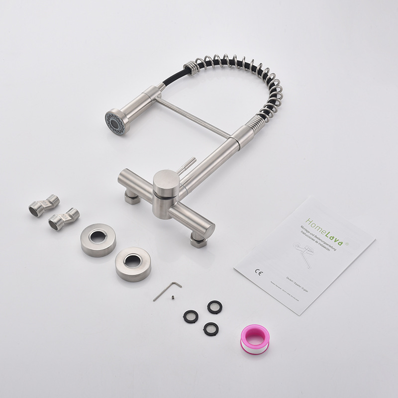 Stainless steel kitchen wall cold and hot double-hole spring cross-border washing basin, laundry sink, balcony mixing valve faucet Application Scenario