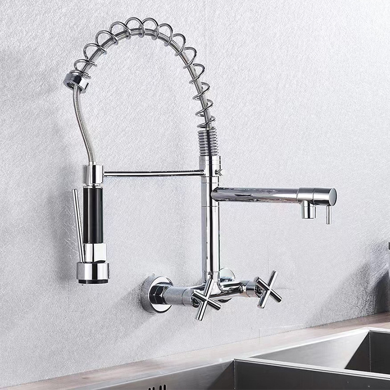 Ousapai semi-copper wall-mounted hot and cold exposed spring kitchen faucet, wall-mounted double-handle spring faucet details Picture