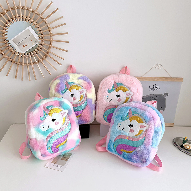 New embroidered unicorn cartoon plush backpack, large-capacity girls' backpack, cute schoolbag for kindergarten full figure