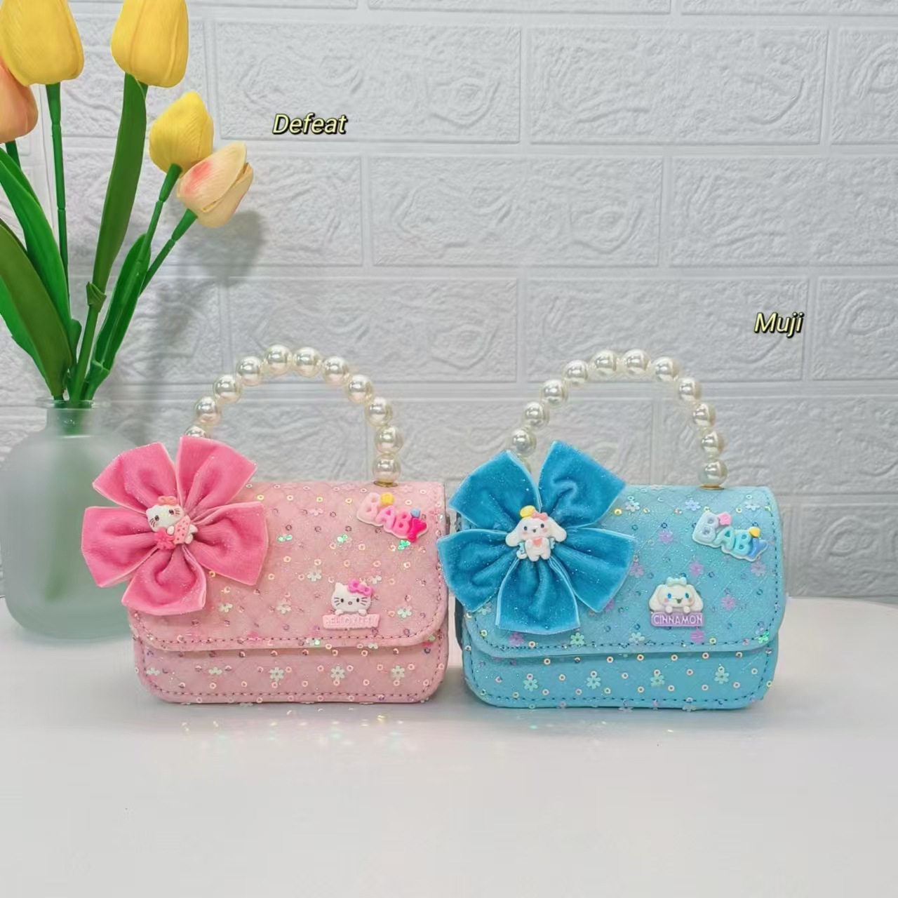 Bow pearl handbag, cartoon bag, children's bag, little girl's loose change accessory bag, chain bag, sequined small square bag Specification drawing