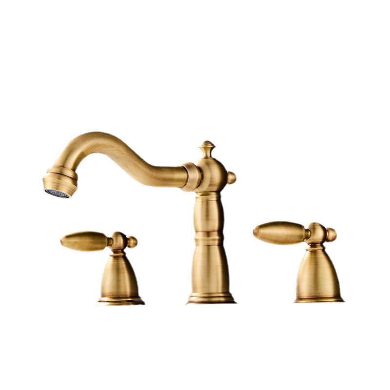 European-style brushed golden copper antique bathroom basin, hot and cold water faucet, double handle, retro faucet three-piece set Item Picture