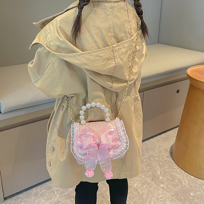 Pearl Children's Handbag 2024 New Style, Girls' bow crossbody bag, Fashionable princess, cotton and linen accessories, coin purse Specification drawing