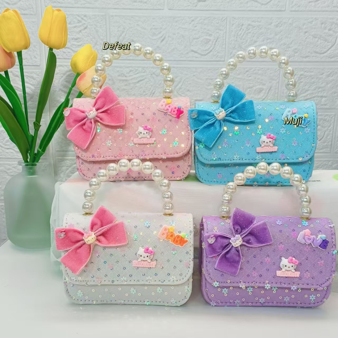 Bow cartoon bag, children's bag, pearl handbag, little girl's loose change accessory bag, chain bag, sequined small square bag Specification drawing