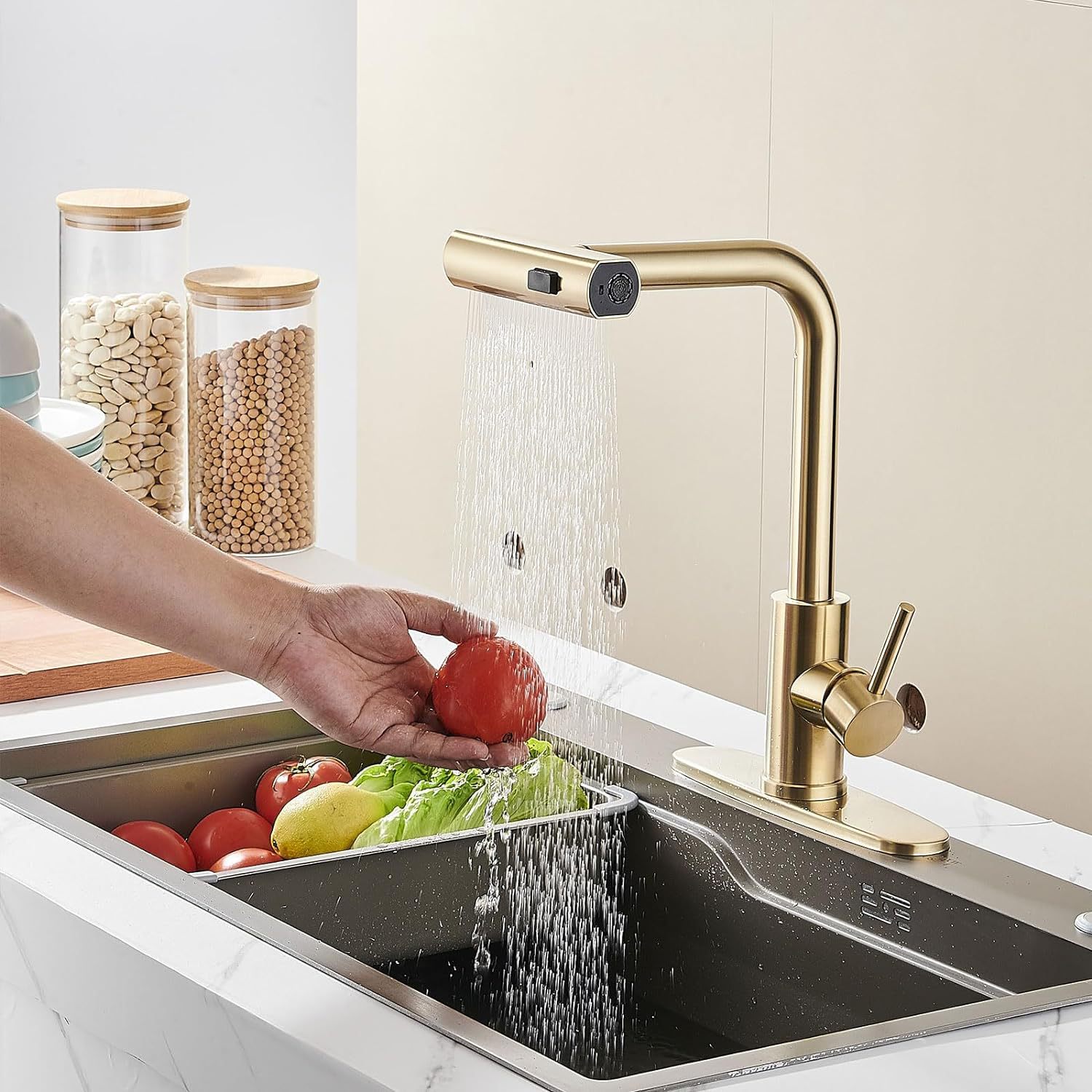304 stainless steel kitchen brushed gold pull-out faucet, multi-functional waterfall cold and hot water sink faucet Specification drawing