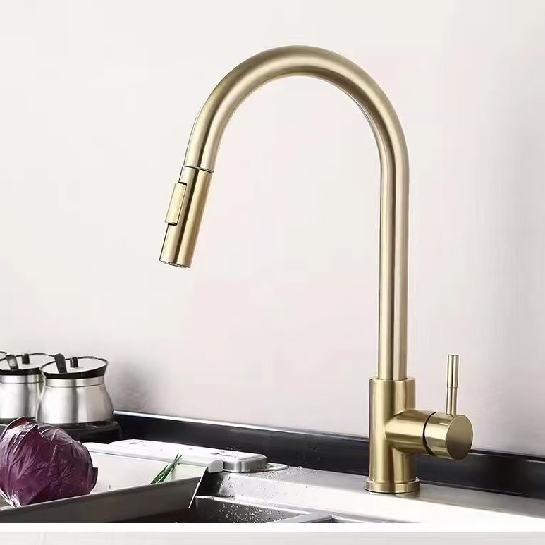Foreign trade 304 stainless steel pull-out brushed gold kitchen faucet, cold and hot telescopic lead-free sink faucet full figure