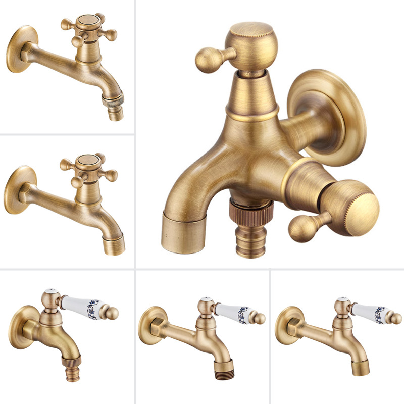 French-style antique brass 4-point washing machine faucet, one in and two out for dual use, 6-point quick-opening mop sink, single cooling faucet full figure