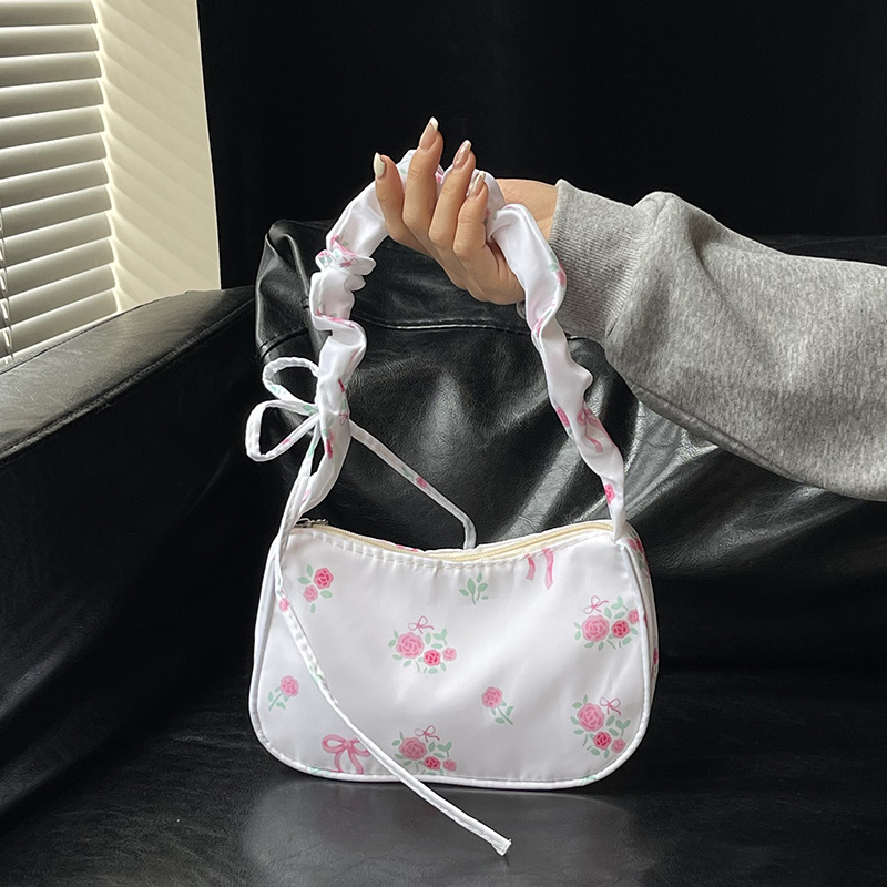 Korean sweet underarm bag for women 2025 new style bow floral handbag, niche drawstring versatile shoulder bag Specification drawing