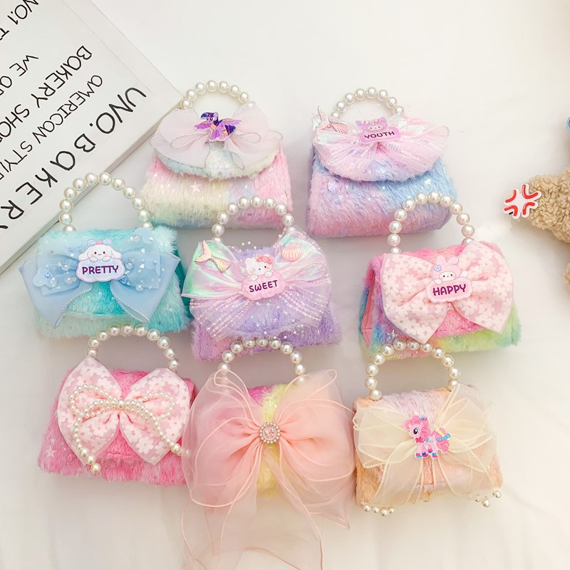 Cute bow rainbow plush bag for girls 2025 Stylish export crossbody bag for girls Pearl princess bag full figure