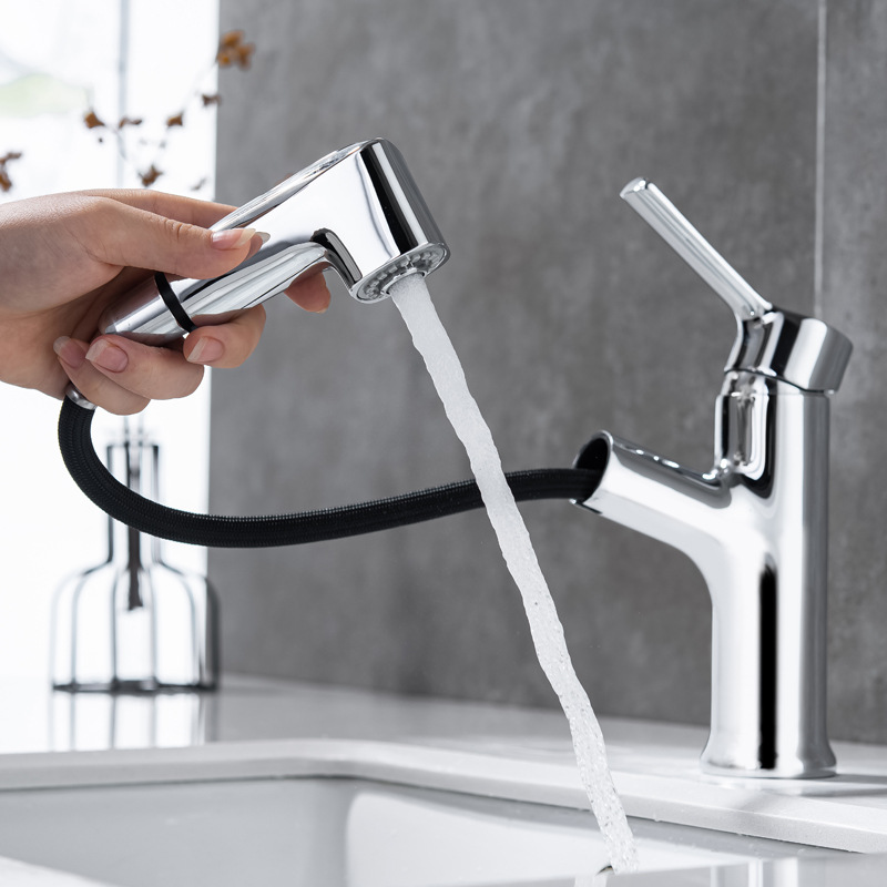 All-copper black faucet, hot and cold washbasin, bathroom countertop basin, bathroom face wash pull-out faucet MT2045 Application Scenario