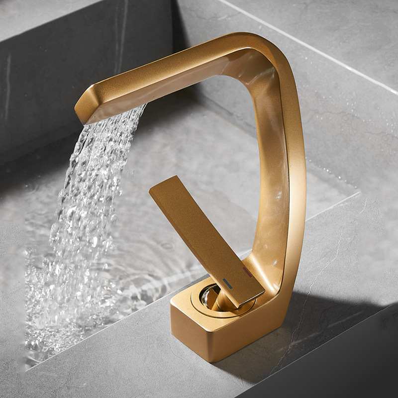 Cross-border light luxury washbasin, waterfall faucet, bathroom cold and hot, all-copper gold, Nordic creative faucet details Picture