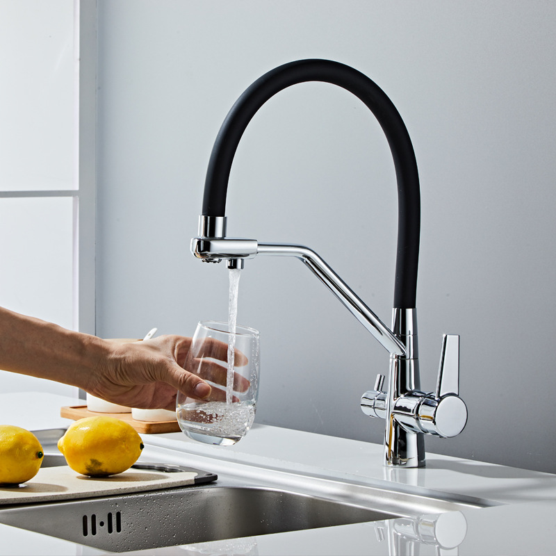 The three-in-one kitchen faucet for cross-border trade is made of all-copper and features a rotatable and pull-out sink with a single hole for direct drinking of cold and hot purified water details Picture