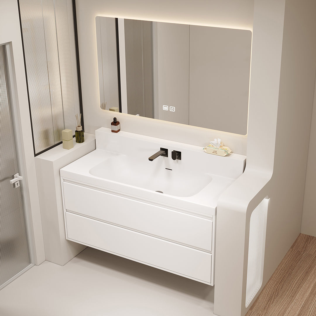 Japanese-style bathroom cabinet combination 75/85/95/105/115 wall-mounted faucet, seamless rock plate basin, solid wood washbasin Specification drawing