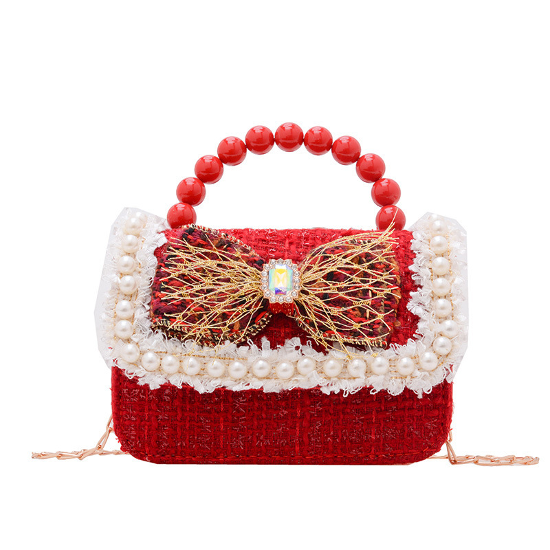 New Year's big red small square bag, children's pearl handbag, cute bow chain bag for babies, girls' coin purse Item Picture