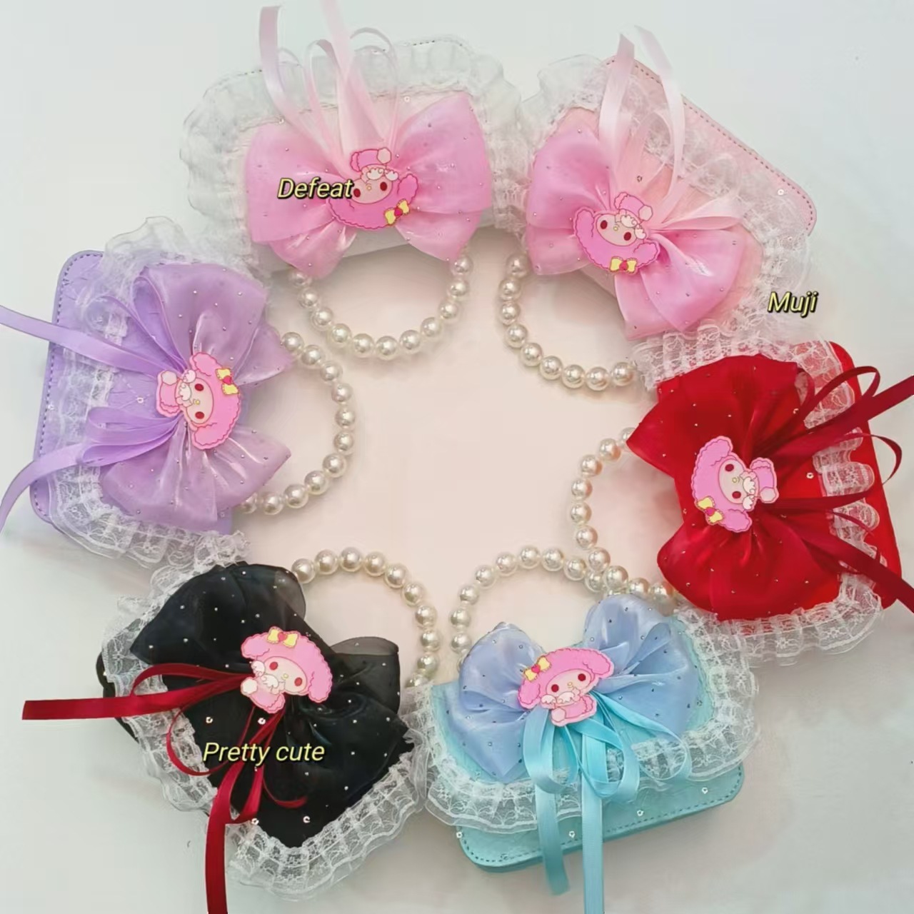 Melody pearl handbag, crossbody bag, accessories, small square bag, chain bag, bow, lace, children's chain bag, trendy details Picture