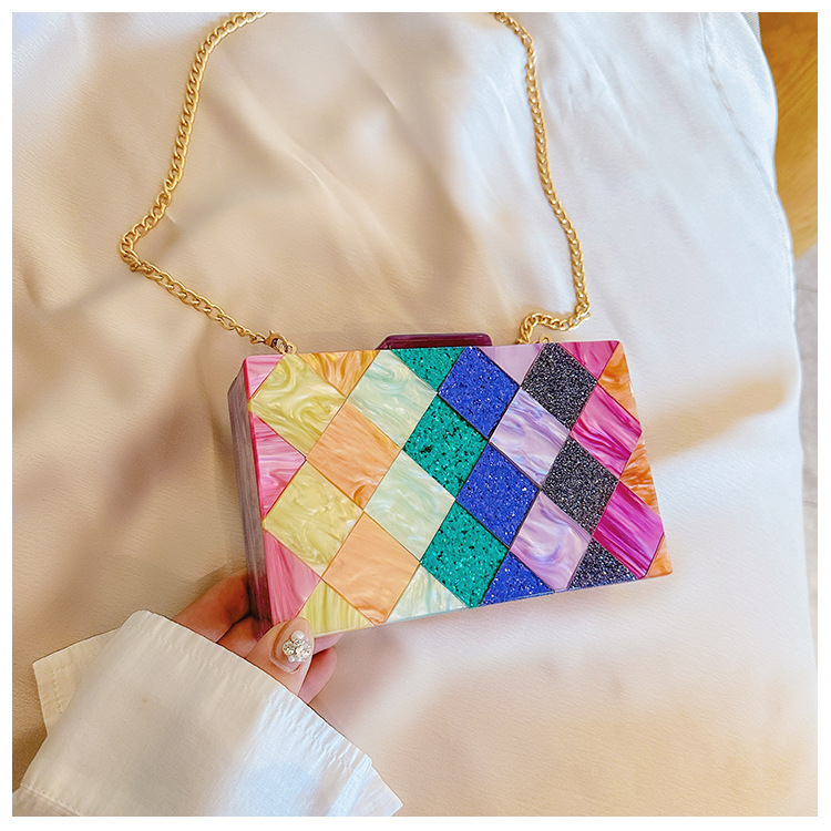 New cross-border foreign trade women's checkered acrylic bag, dinner bag, single-shoulder crossbody wedding and banquet clutch bag Specification drawing