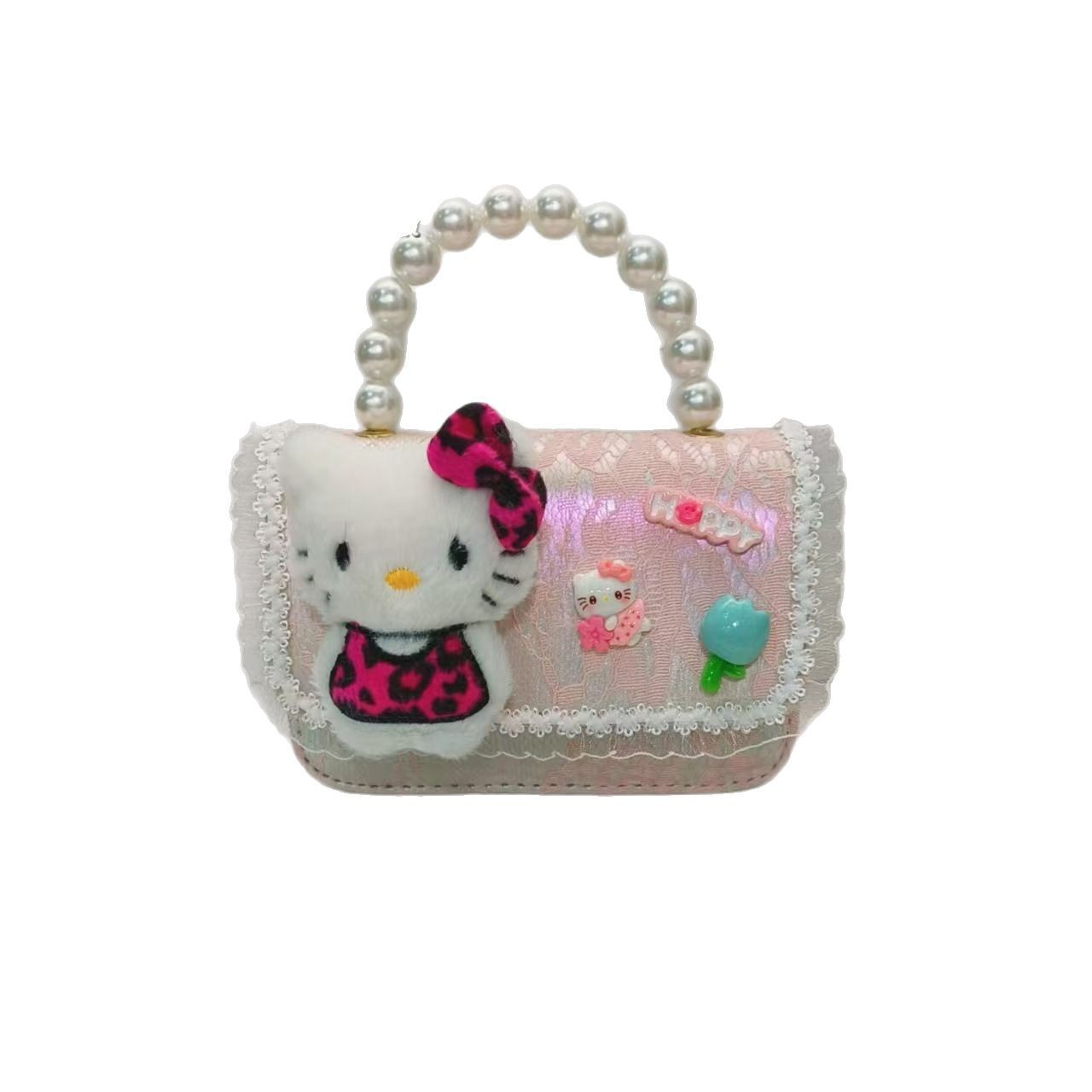 KT Cat pearl handbag, crossbody bag, loose change accessory bag, children's bag, chain bag, small square bag, lucky money bag for girls Item Picture