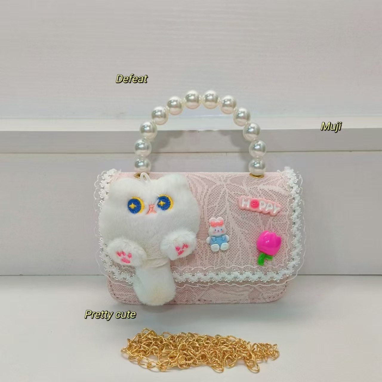 Pearl handbag, crossbody bag, accessory bag, little cat dumpling bag, children's bag, chain small square bag, lucky money bag, girl details Picture