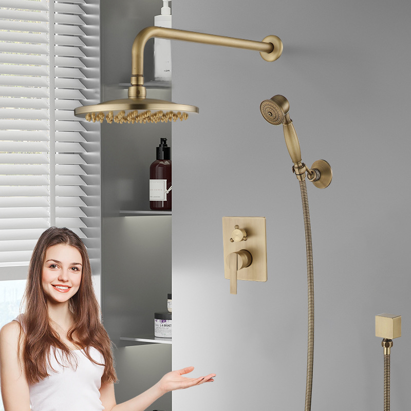 Brass retro concealed shower head, built-in wall-mounted pre-embedded shower set, household mixing valve, antique style full figure
