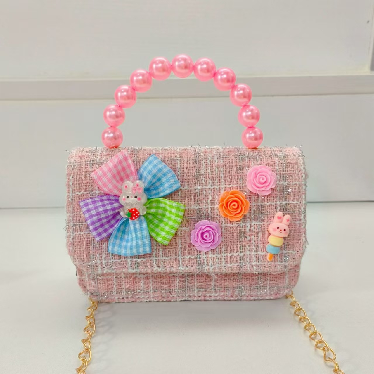 Pearl handbag, princess bag, single-shoulder crossbody loose change accessory, small square bag, white rabbit chain, girl's lucky money bag Specification drawing