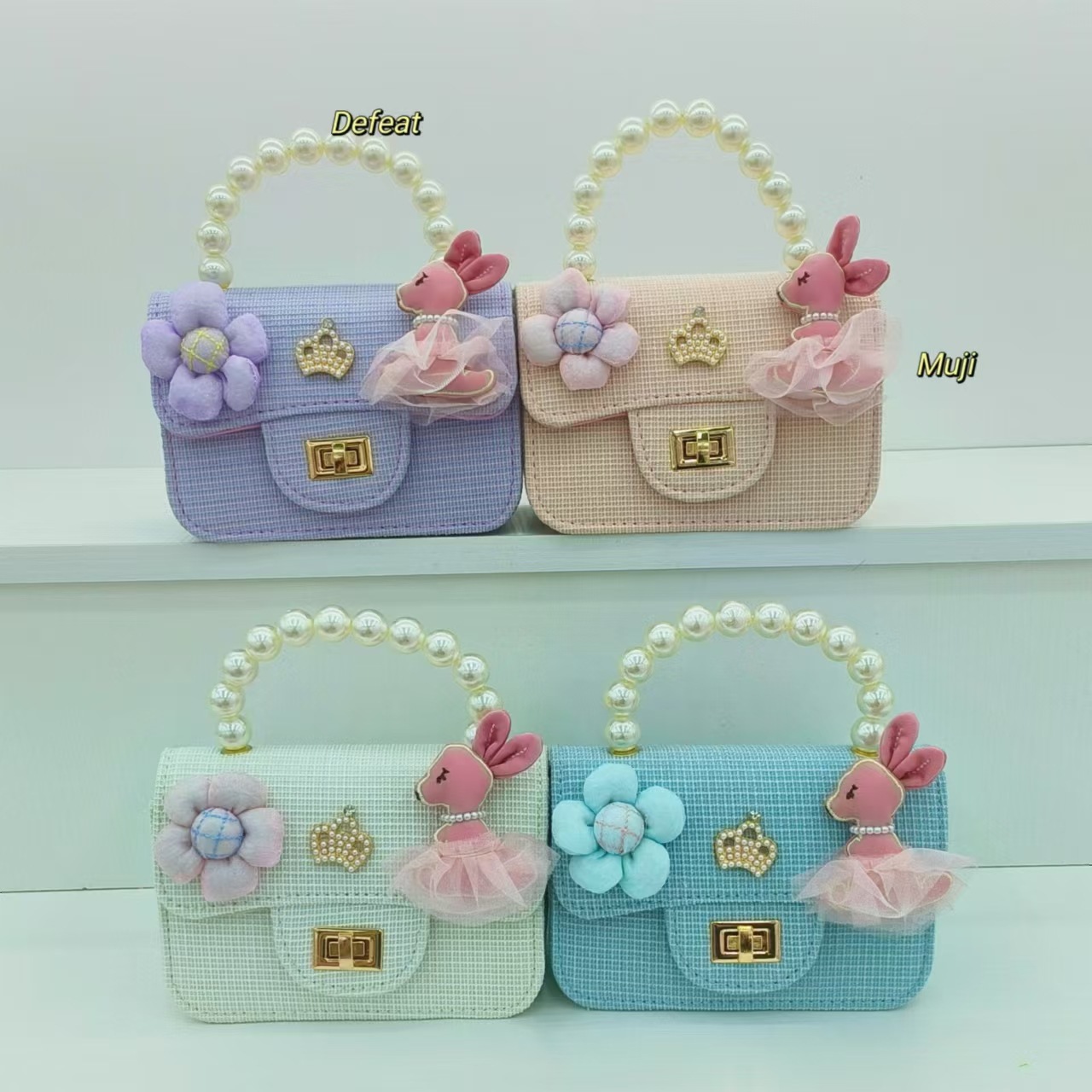 Pearl handbag, cartoon rabbit princess bag, single-shoulder bag, little girl crossbody bag, small square bag, coin purse, accessory bag full figure