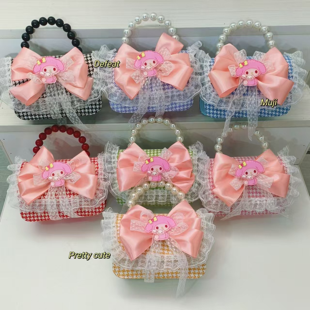 Melody Pearl handbag, crossbody loose change accessory, small square bag, chain cartoon bag, bow, children's chain bag Specification drawing