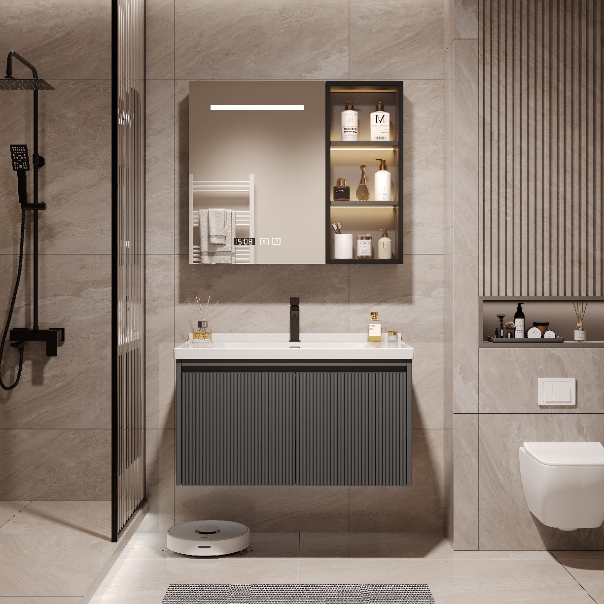 High-end oak bathroom cabinet, ceramic integrated basin, direct sales from hotel source manufacturer, light luxury and intelligent Application Scenario