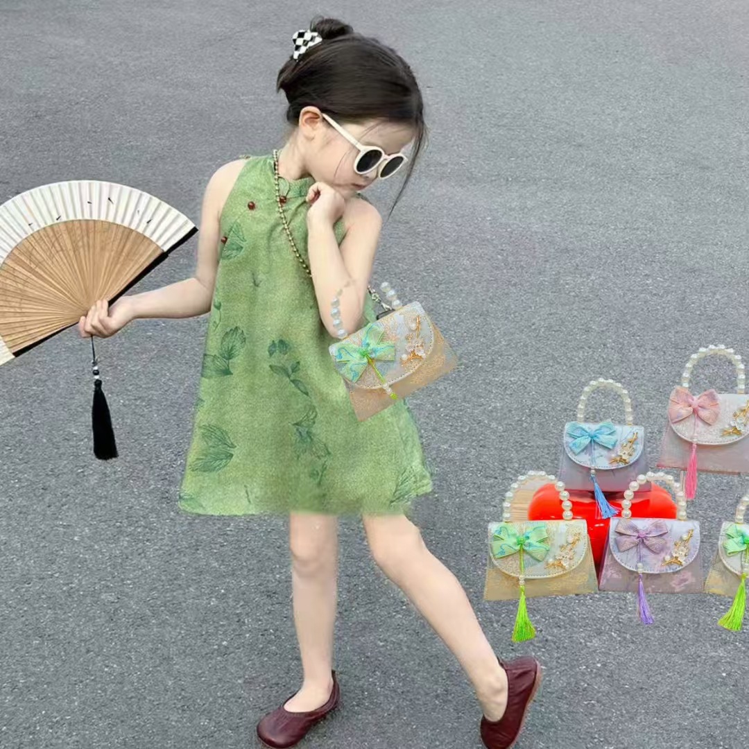 Bow tassel children's bag, small chanel-style fashionable pearl coin purse, Hanfu accessory bag, princess crossbody handbag details Picture