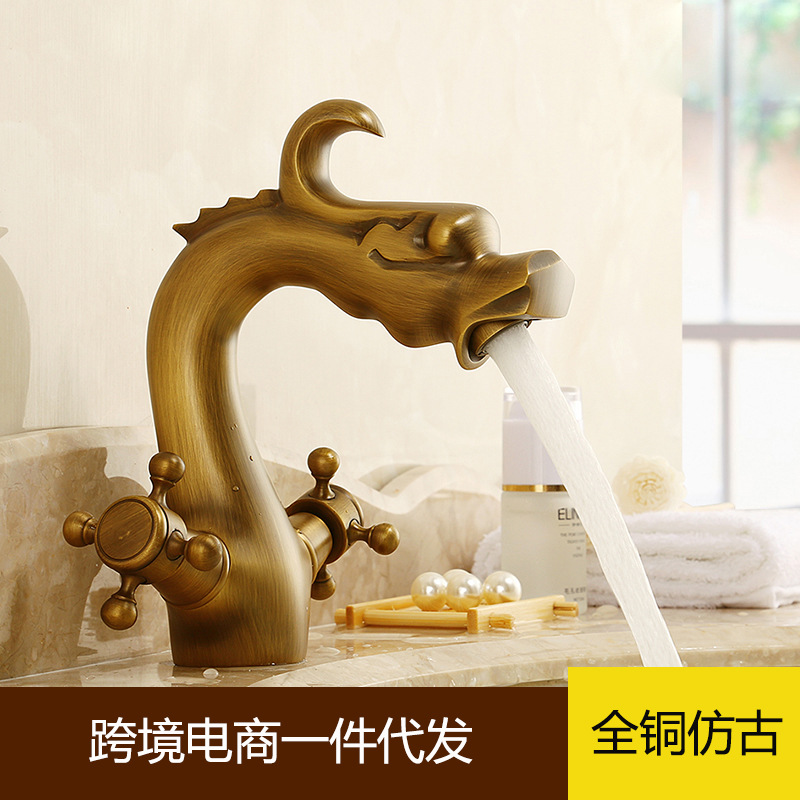 All-copper European-style antique golden faucet, dragon-shaped single-hole bathroom, retro black washbasin, washbasin faucet, hot and cold full figure