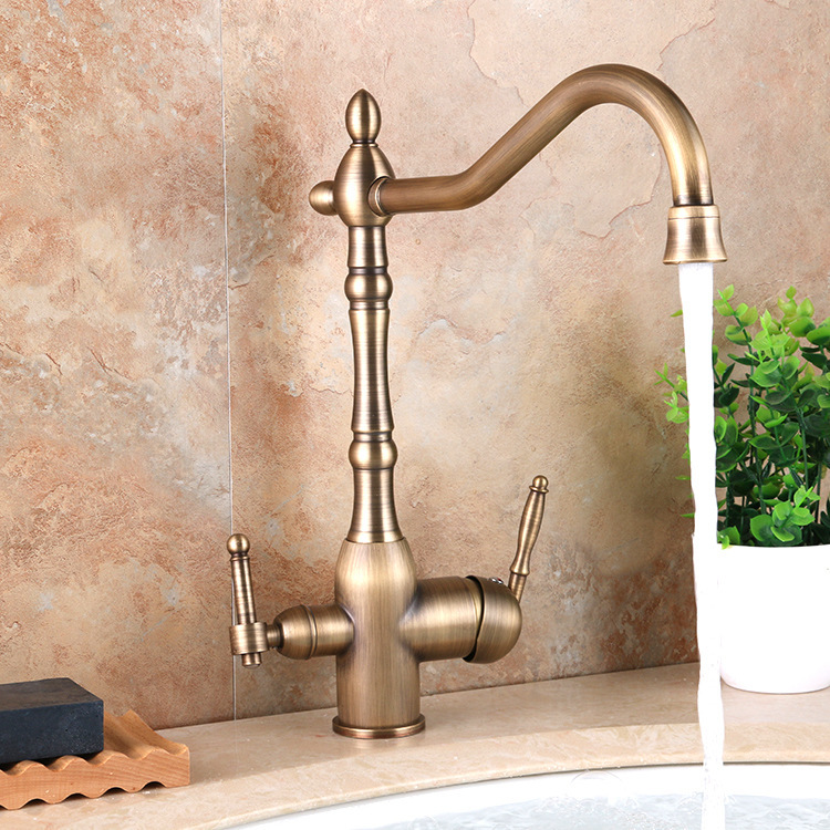 Antique copper kitchen sink, vegetable basin, water purifier, faucet, cold and hot mixed water, rotating gold, European and American style, cross-border full figure